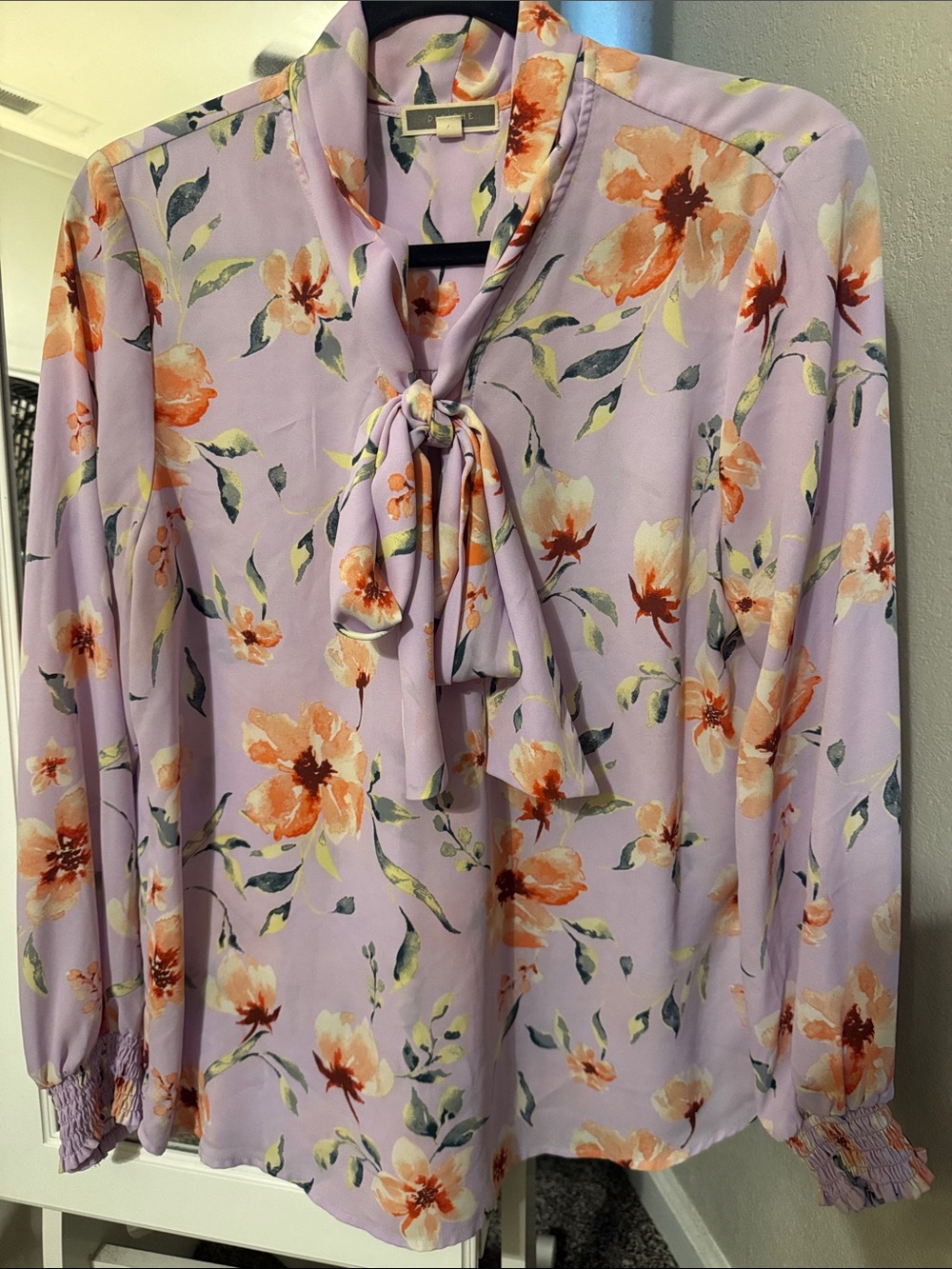 Pleione Lavender Floral Tie-Neck Blouse with Orange Accents